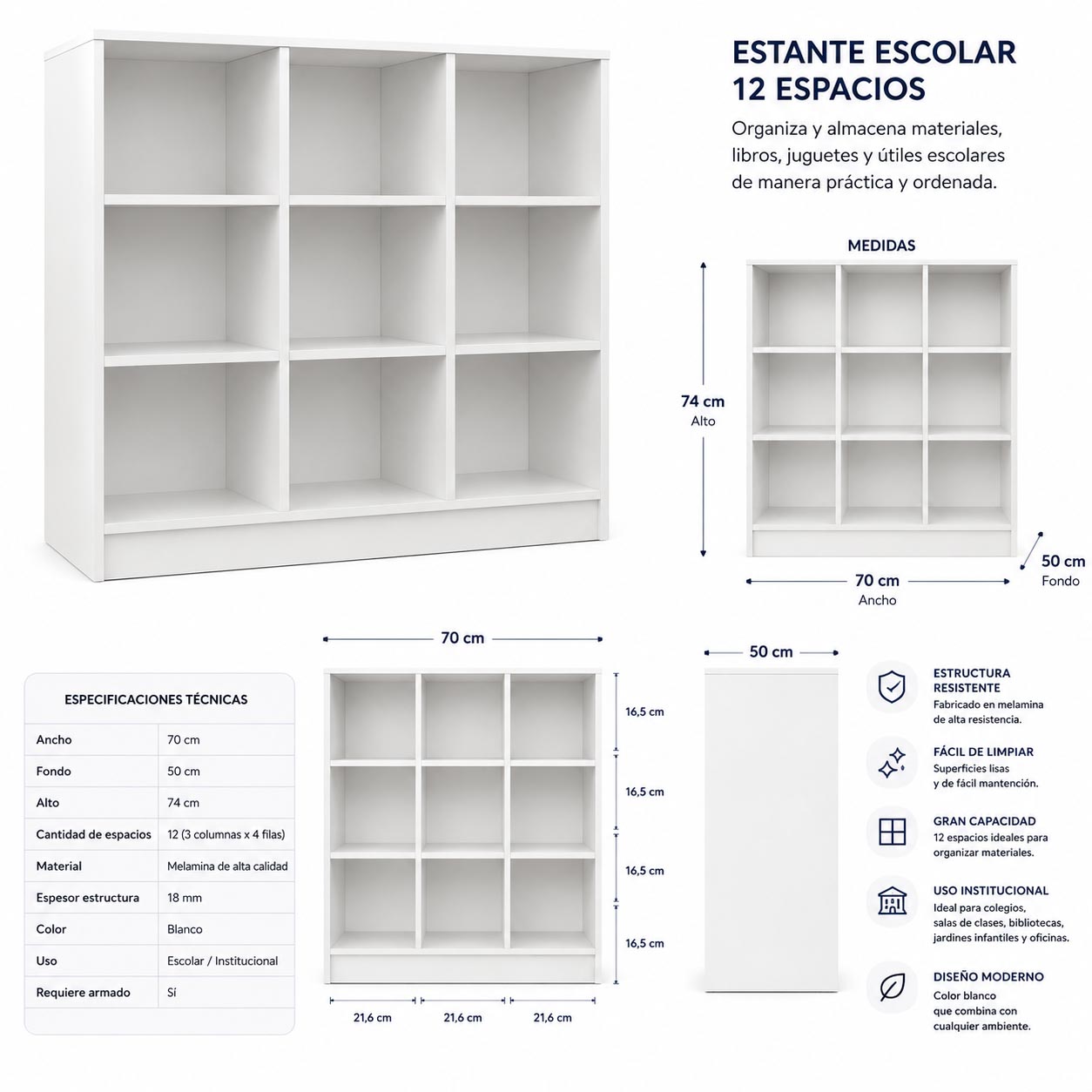 ESTANTE ESCOLAR 12 ESPACIOS 70 ANCHO × 50 × 74 ALTO cm - Imagen 2